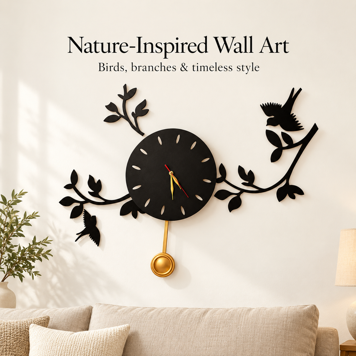 Calligrap Birds on Branches Pendulum Wall Clock